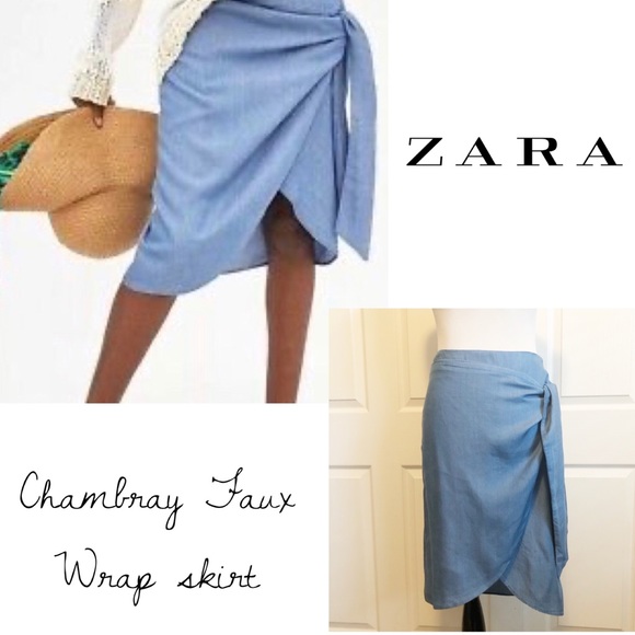 Zara Dresses & Skirts - Zara Faux Wrap Chambray Blue Midi Skirt